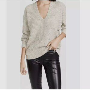 Rag & Bone $365 Eco Donegal Small Wool Sweater Beige Tan Women V-Neck